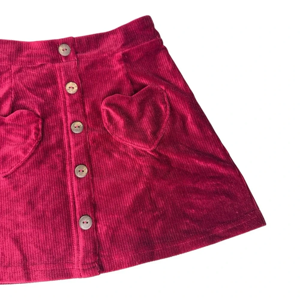 Shosho Girls Corduroy Skirt Size 6/6X Burgundy Red Heart Pockets Button Front - Picture 3 of 6